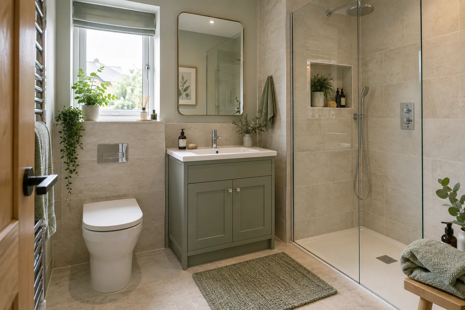 Compact modern bathroom with sage basin unit and walk-in shower