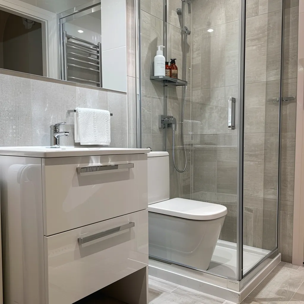 Small bathroom with chrome shower and drawer vanity