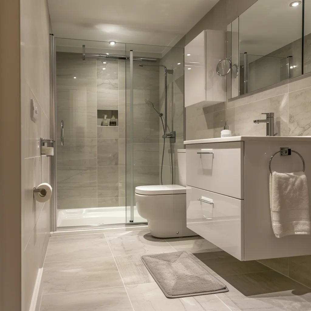Stone-finish bathroom with built-in shower shelf